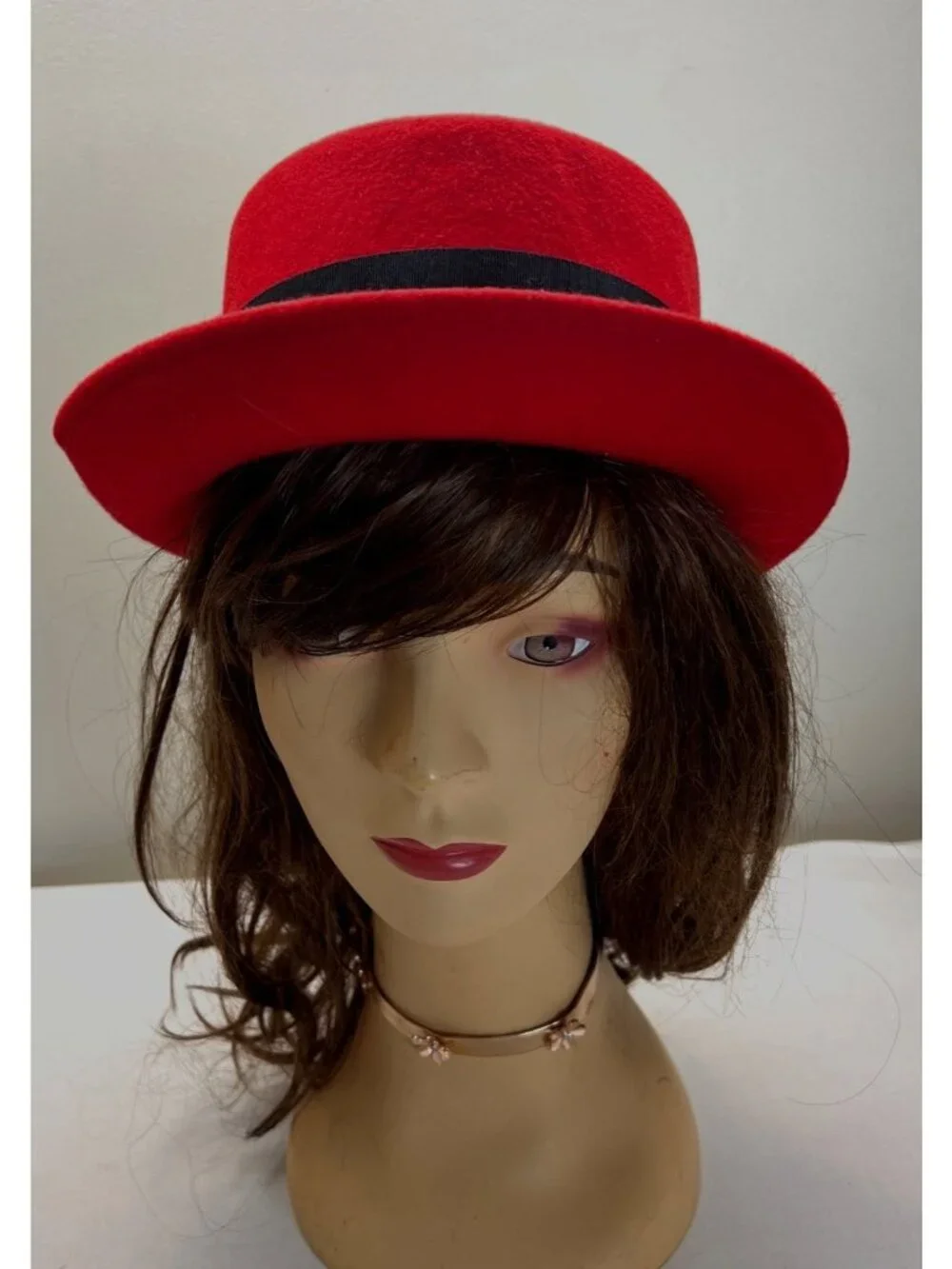 Vintage  Liz Claiborne Red Wool Dress Hat Black Ribbon USA 1980s 1990s